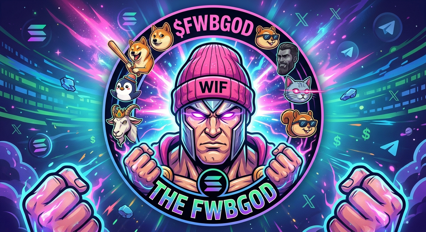 $FWBGOD badge — the god of Solana memes surrounded by legendary meme coins
