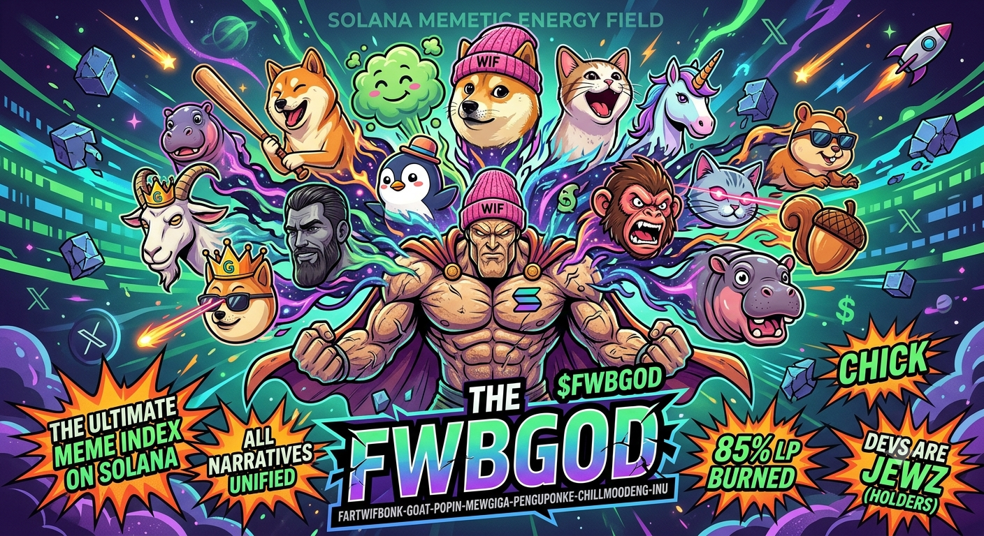 The FWBGOD banner — every Solana meme legend unified in one memetic energy field